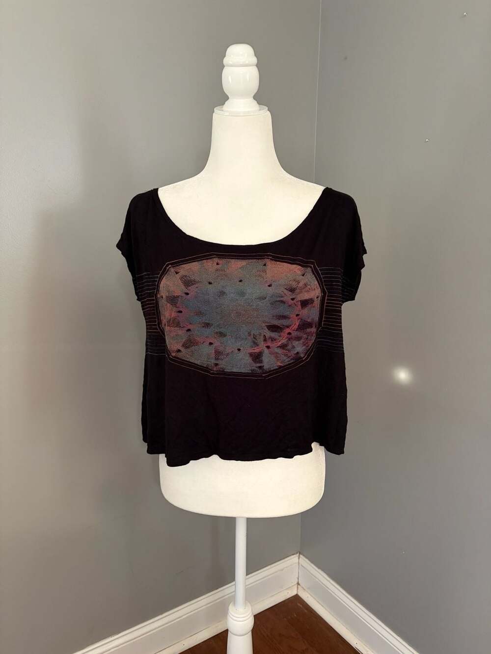 L8ter Black Graphic Open Back Cutout Top Size L Y2K Grunge Boho